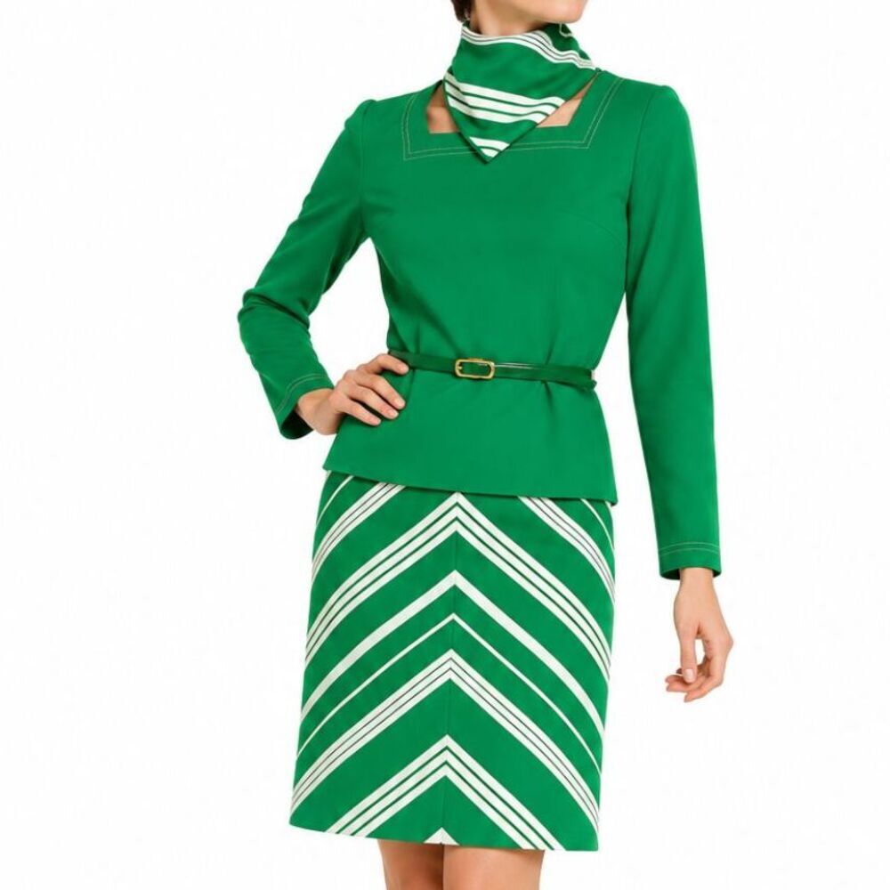 Vintage Andrea Gayle 4-Piece Mod Skirt Set Green & White Striped Scarf Belt 12